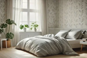 Funda nórdica gris claro en una habitación de estilo nórdico, con gran ventanal y plantas.