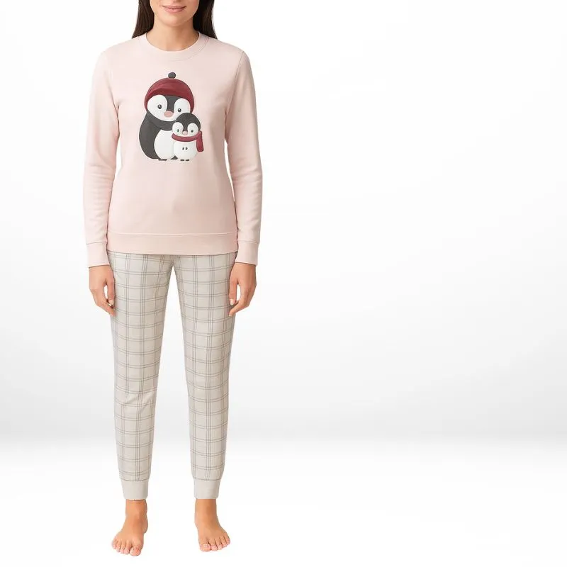 pijama de mujer rosa con dibujo de pingüinos en el pecho y pantalón de cuadros